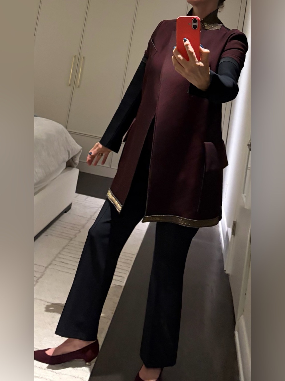 Marie Saint Pierre neoprene Burgundy and Black Tailored Blazer with Gold Trim